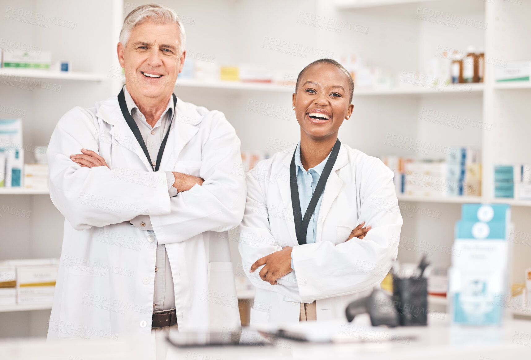 Buy stock photo Portrait, smile and arms crossed for pharmacy with a team in a drugstore for healthcare or treatment. Medical, collaboration or teamwork with a man and woman pharmacist happy a dispensary together