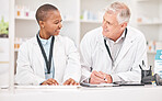 Man, happy woman and medical documents in pharmacy for checklist, schedule or stock report for medicine. Help, mentor and pharmacist team at counter with inventory list, smile and insurance paperwork