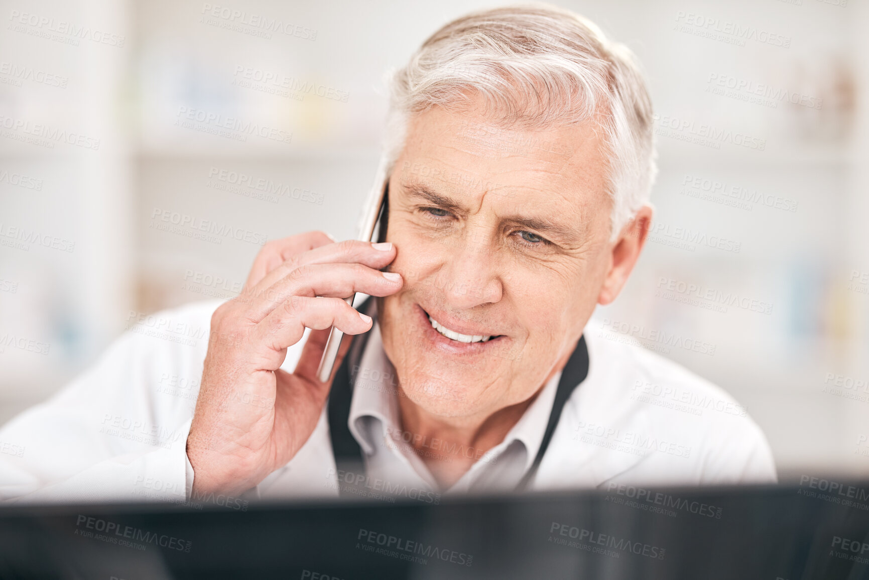 Buy stock photo Pharmacist man, phone call and computer for medicine check on database in pharmacy. Face of senior person talking on smartphone for telehealth, consultation or customer service and stock information