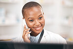 Pharmacy, smile and woman talking on a phone call while reading information. African person or pharmacist on smartphone for telehealth, consultation or customer service and health care advice