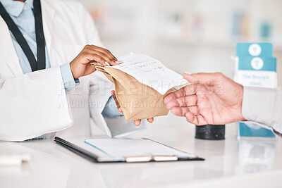 Buy stock photo Pharmacist hands, giving package and store for healthcare, medicine and sales with prescription drugs. Pharmaceutical expert, customer and paper bag for shopping, distribution and order for wellness