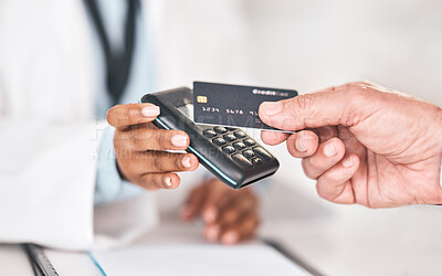 Buy stock photo Pharmacist hands, credit card payment and closeup for healthcare, medicine and sales for prescription drugs. Pharmaceutical expert, customer and machine for pos, shopping and fintech for wellness