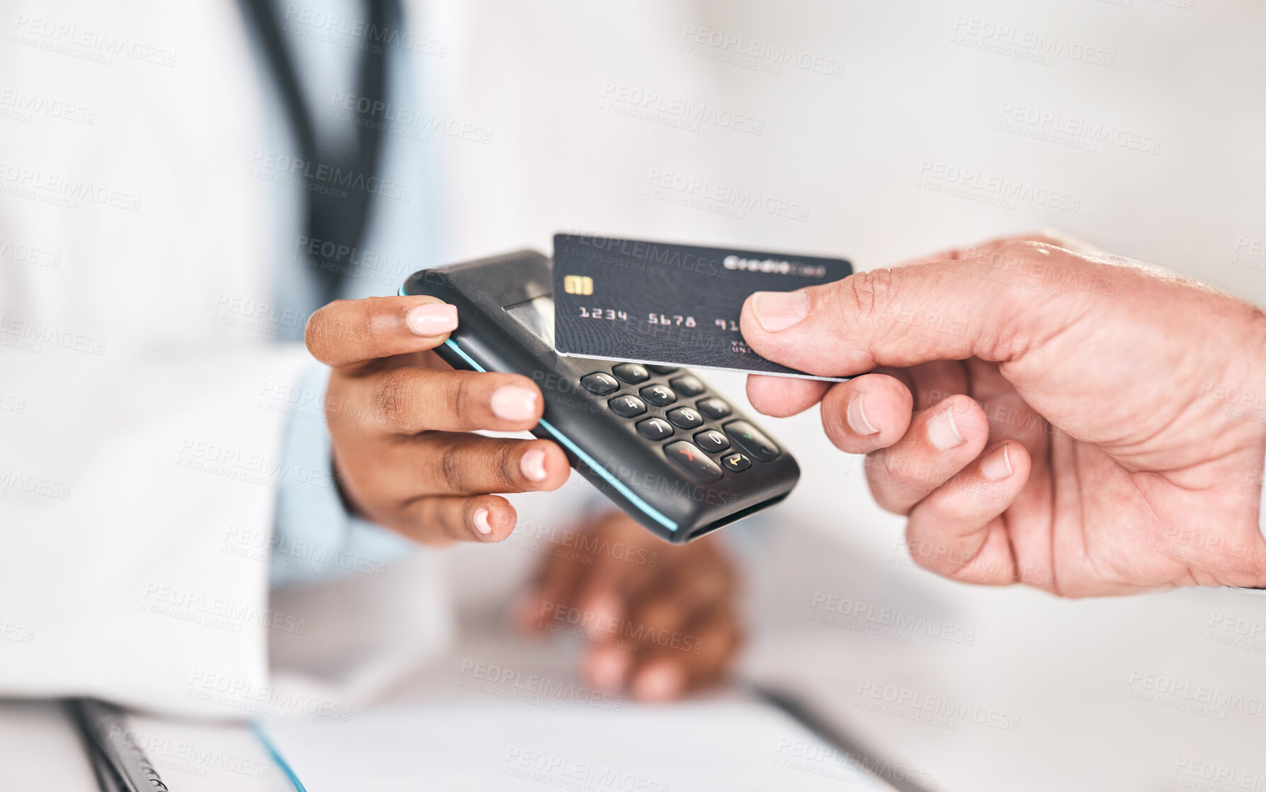 Buy stock photo Pharmacist hands, credit card payment and closeup for healthcare, medicine and sales for prescription drugs. Pharmaceutical expert, customer and machine for pos, shopping and fintech for wellness