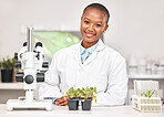 Science, plant and portrait of black woman in laboratory for sustainability research, botany or biochemistry. Pharmacy, medical and healthcare with scientist and for product, ecology or agriculture