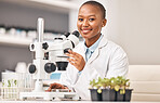 Science portrait, woman and plants, microscope or laboratory research for agriculture, sustainability and leaves test. Scientist, African student or happy doctor, lens and eco study or food security