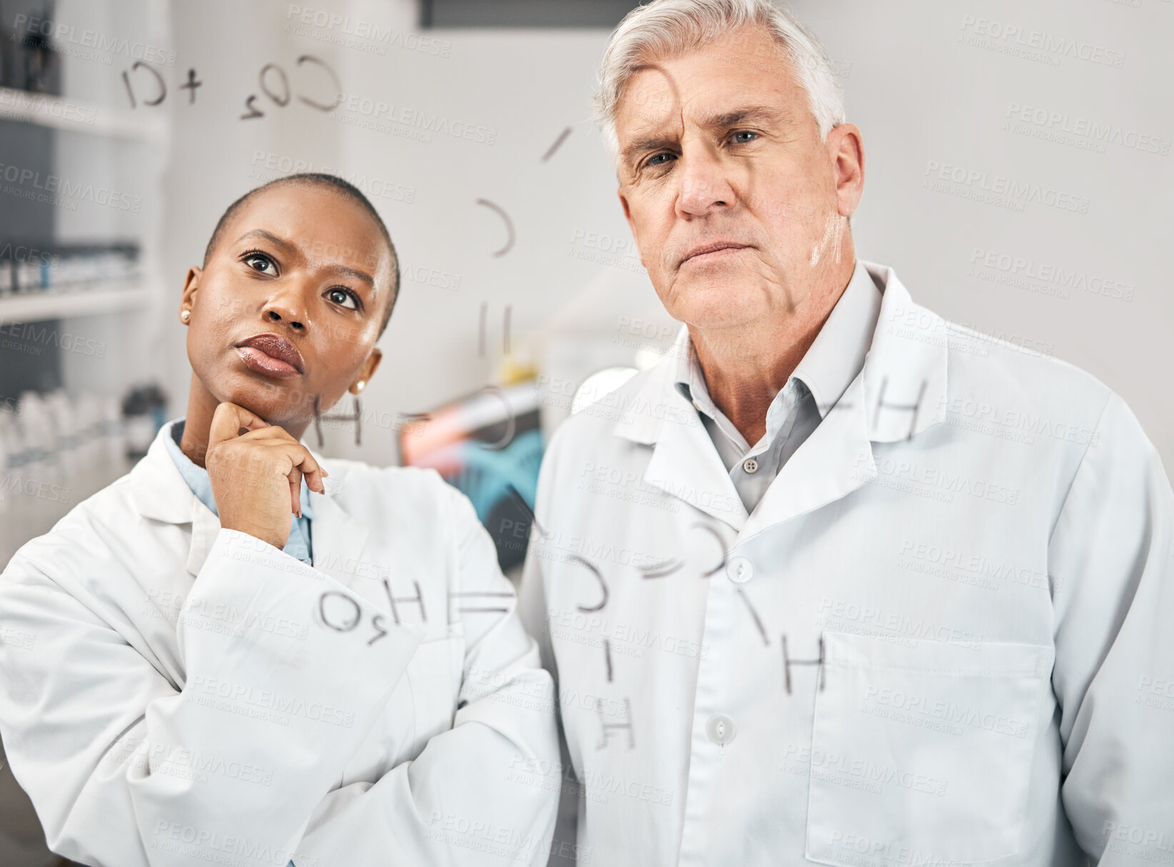 Buy stock photo Science, solution and thinking with people in laboratory for research, teamwork and brainstorming. Chemistry, medical and pharmacy with man and woman for physics data, medicine and biotechnology 