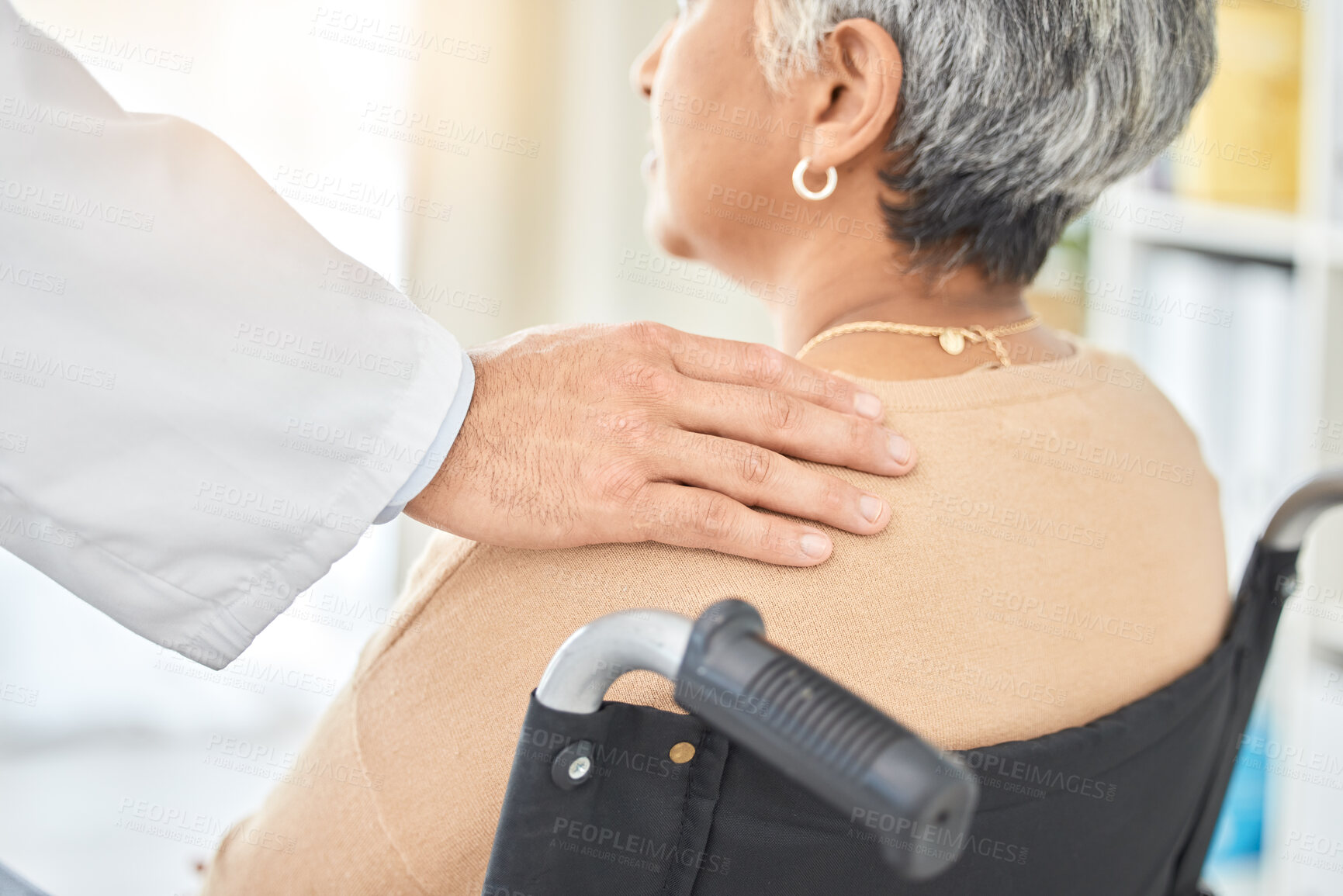 Buy stock photo Doctor, woman and wheelchair with comfort, shoulder and hand for support, care and rehabilitation in clinic. Medic, help and senior person with disability for empathy, kindness or nursing in hospital