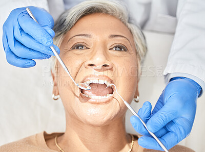 Buy stock photo Healthcare, consulting and teeth with woman at dentist for oral hygiene, cleaning and medical. Exam, dental checkup and smile with mouth of mature patient in office for filling, surgery and treatment