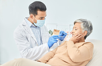 Senior woman, dentist and toothache with healthcare, cleaning and dental work at clinic. Elderly patient, pain and consultation for oral hygiene and health with cavity exam and dentistry check