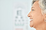 Side profile, face and mockup of a woman for optometry, vision test and exam for healthcare. Smile, medical and a mature person or customer at a clinic for service, wellness and space for eye care