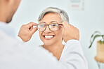 Eye care, glasses and senior patient with doctor, optometry and frame choice with help and people at clinic. Wellness, health and prescription lens, woman and optometrist with trust and eyewear