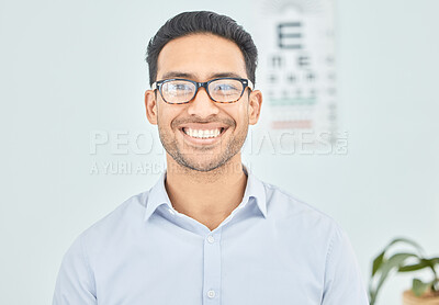 Buy stock photo Man, face or glasses for vision, eye exam or optometry in clinic wellness, health or prescription frames. Happy, person, portrait or Mexican patient in optician, ophthalmology and eyesight assessment