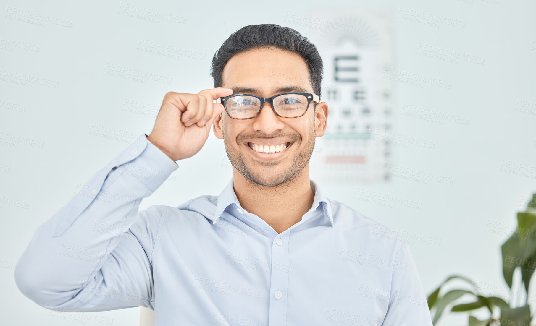 Buy stock photo Happy man, face or glasses for vision, eye exam or optometry in clinic wellness, health or prescription frames. Person, portrait or Mexican patient in optician, ophthalmology and eyesight assessment