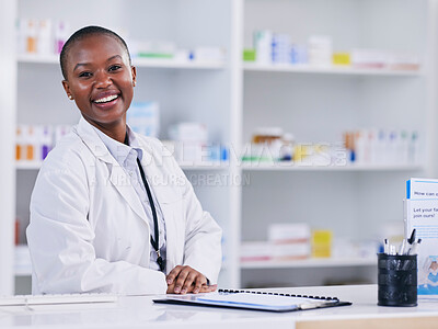 Buy stock photo Pharmacist portrait, woman and counter for healthcare, medicine and clinic solution, services and support. Happy african person in pharmacy for drugs, medical product and inventory or retail mindset