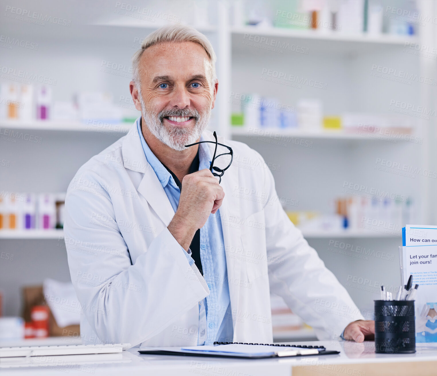 Buy stock photo Pharmacy, consulting and smile with portrait of man for medical, pills and helping. Medicine, healthcare and manager with mature pharmacist in dispensary store for retail, supplements or prescription