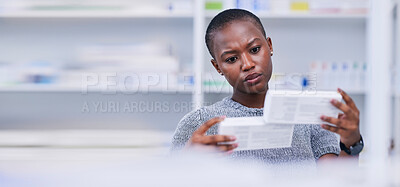 Buy stock photo Pharmacy, product choice and black woman, customer or client reading pills box label, instruction or medication. Mockup space, supplements comparison and African person with medicine brand decision