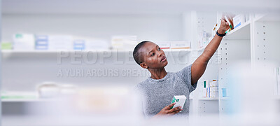 Buy stock photo Pharmacy, medicine shelf and black woman choice of pills boxes, healthcare drugs or medical product brand. Pharmaceutical shopping, vitamin supplements and African customer search store package stock