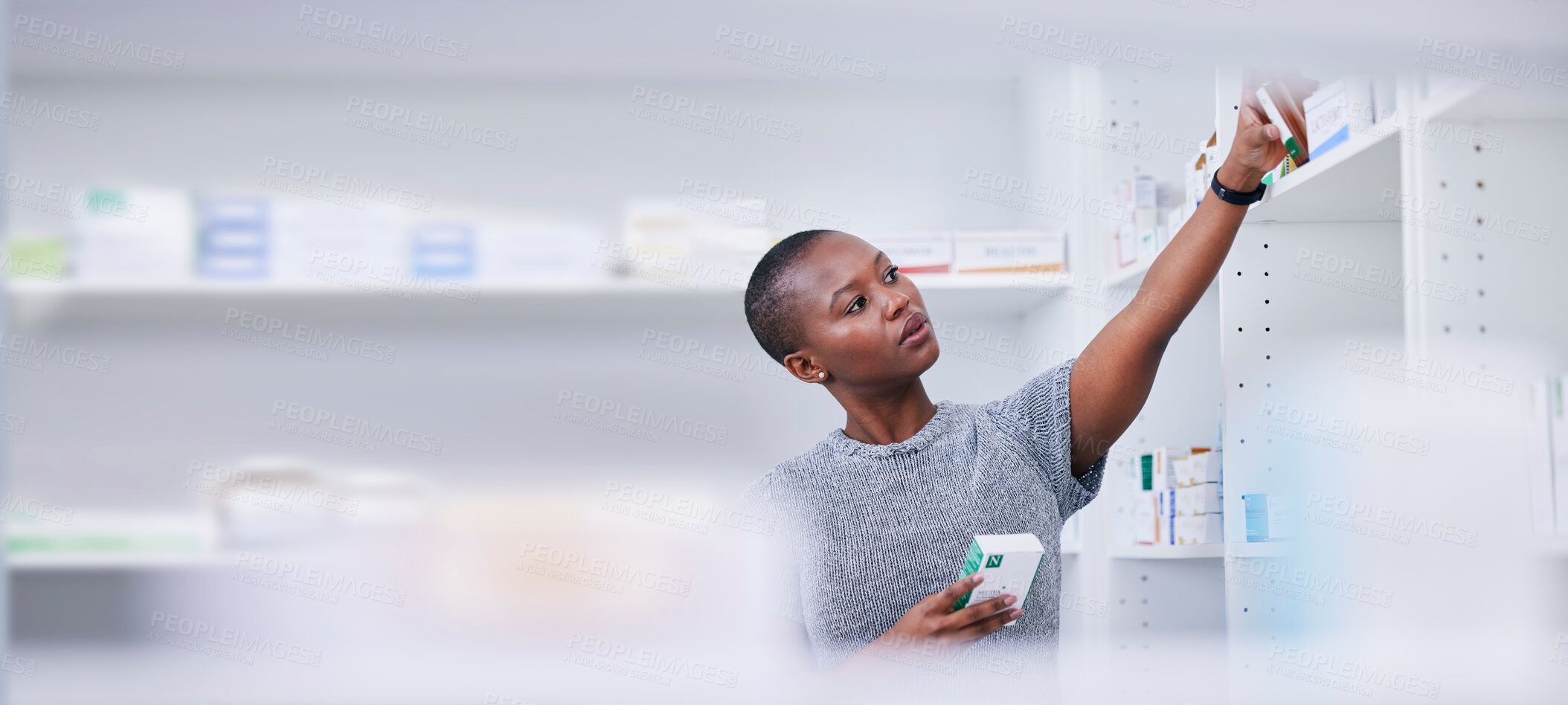 Buy stock photo Pharmacy, medicine shelf and black woman choice of pills boxes, healthcare drugs or medical product brand. Pharmaceutical shopping, vitamin supplements and African customer search store package stock