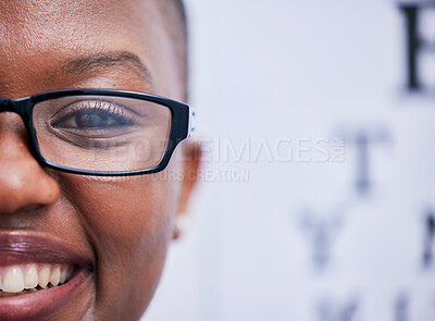 Buy stock photo Happy, black woman and portrait with glasses from eye exam, eyesight test or prescription eyewear from optometrist. Half, face and girl with spectacles, smile and confidence in vision, frame or lens