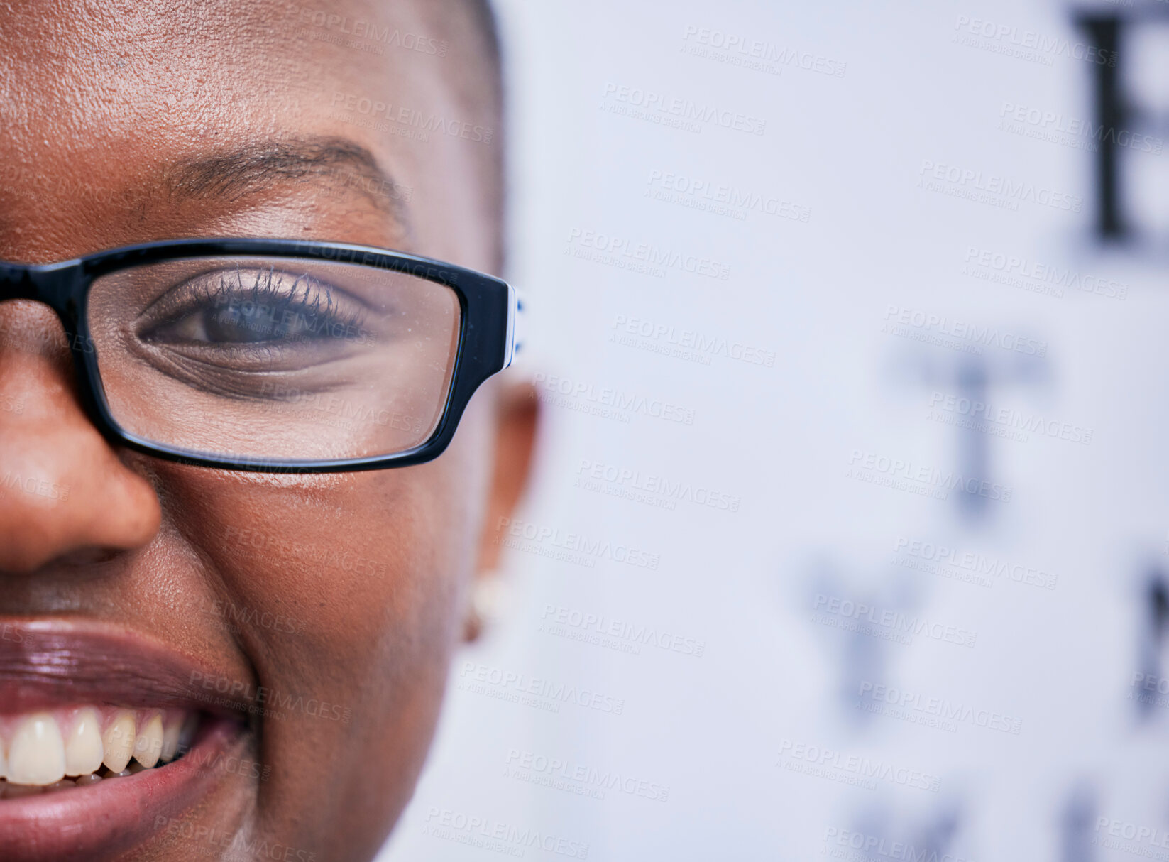 Buy stock photo Happy, black woman and portrait with glasses from eye exam, eyesight test or prescription eyewear from optometrist. Half, face and girl with spectacles, smile and confidence in vision, frame or lens