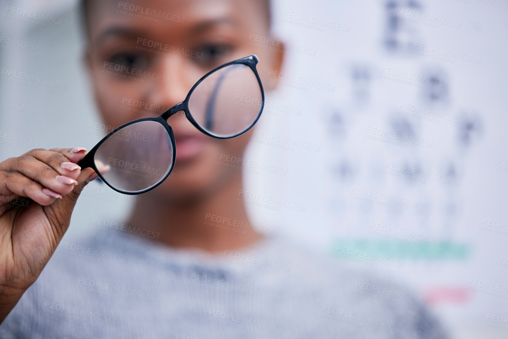 Buy stock photo Optometry, eyesight and black woman with glasses for vision, eye care and optical health in clinic. Healthcare, optometrist and person with prescription lens, frames and spectacles for testing eyes