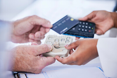 Buy stock photo Doctor, hands and patient with credit card in payment for hearing aid, sound or consultation at clinic. Closeup of person paying on pos or electronic machine for ear device in audiology at hospital