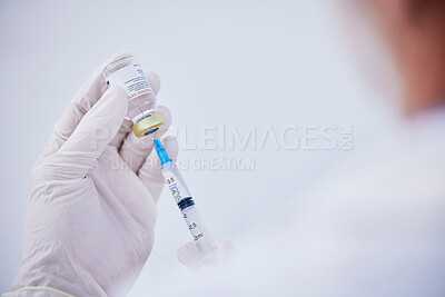 Buy stock photo Vaccine bottle, needle and hands of doctor for safety, healthcare and pharmaceutical medicine. Closeup, virus injection and nurse prepare vaccination with vial, medical drugs and immunity in clinic