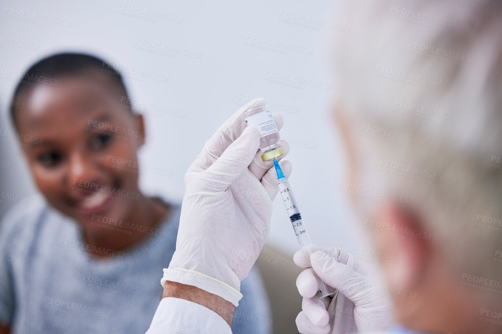 Buy stock photo Bottle, needle and hands of doctor with patient for safety, healthcare and pharmaceutical medicine. Closeup, virus injection and prepare vaccination with vial for medical immunity of woman in clinic