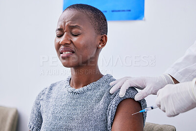 Buy stock photo Vaccine, injection and black woman with fear in clinic for virus protection, vaccination and flu shot. Healthcare, phobia and patient with pain from needle for medicine, treatment and antibiotic