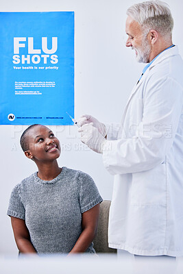 Buy stock photo Flu vaccine, injection and black woman with doctor in clinic for virus protection, vaccination and shot. Healthcare, poster and health worker with patient for medicine, treatment and antibiotics