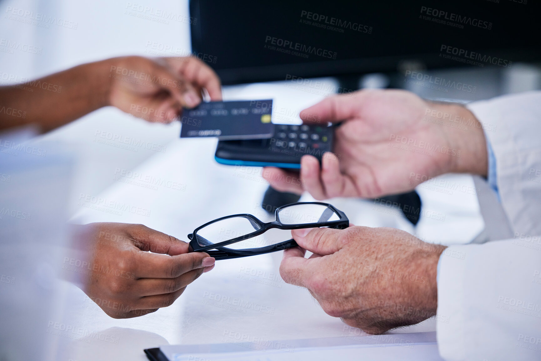 Buy stock photo Shopping, glasses and payment with hands of people in store for medical, retail and eye care. Medicine, healthcare and credit card with closeup of doctor and customer for purchase and fintech 