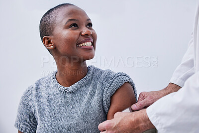 Buy stock photo Doctor hands, plaster and happy black woman, patient or client for HPV protection, hospital first aid or medical service. Pharmacy vaccine, arm wound or pharmacist helping African person with bandage