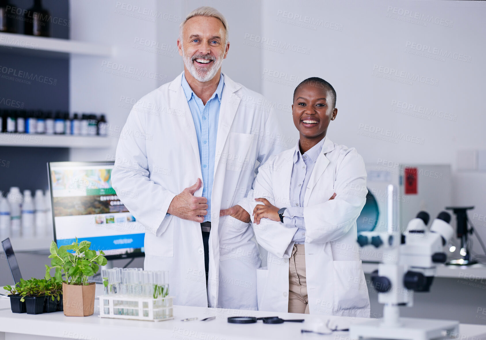 Buy stock photo Portrait, scientist team and people with arms crossed in laboratory for research, work and experiment of plants. Happy, science doctor and confident medical professional, student and mentor together