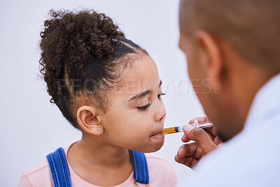 Buy stock photo Sick, syringe and consulting with child and medicine for pharmacy, helping and illness. Medical, healthcare and cough syrup with young girl and parent in family home for wellness, care or supplements