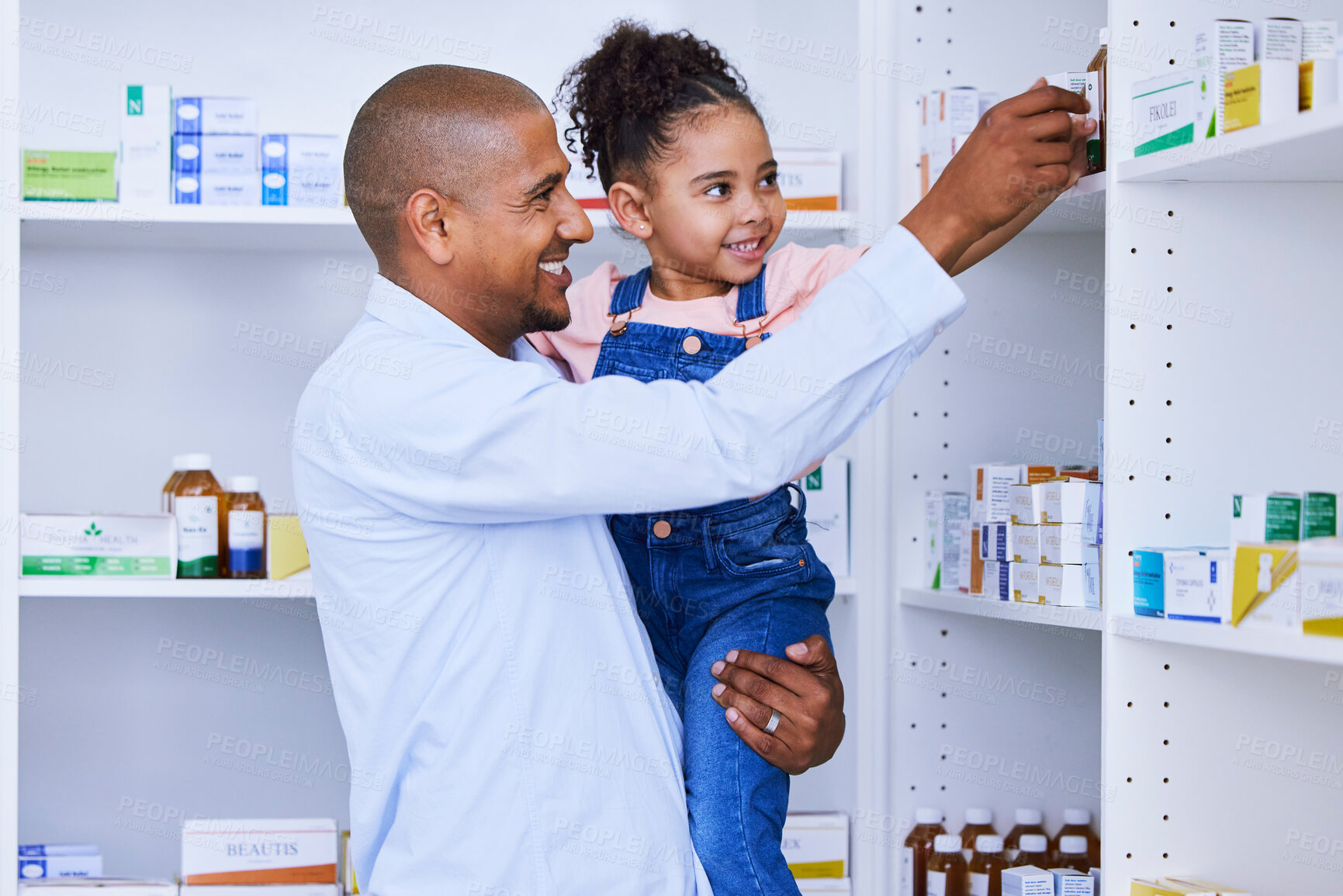 Buy stock photo Pharmacy, child help and family with medication, learning and healthcare study for education. Pharmacist, father and young girl together with a smile from pharmaceutical research and kid development