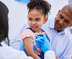 Scared child, dad and doctor with vaccine in syringe, flu shot or medicine injection in clinic or hospital. Father, girl in pain and pediatrician in office with needle vaccination at consultation.