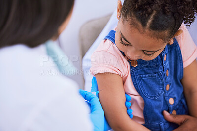 Buy stock photo Girl, parent and doctor with syringe for vaccine, flu shot or medicine injection in clinic or hospital. Father, kid and pediatrician in office with needle for vaccination, consultation and child care