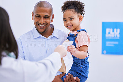 Buy stock photo Pharmacist, father and child with medicine in pharmacy, pills or supplements, sick with help and retail. People in store, drugs and wellness, trust and healthcare, prescription medication and illness