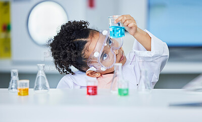 Buy stock photo Science, learning and research with child in laboratory for experiment, education and health. Future, study and knowledge with face of young girl and chemicals for results, medicine and analysis