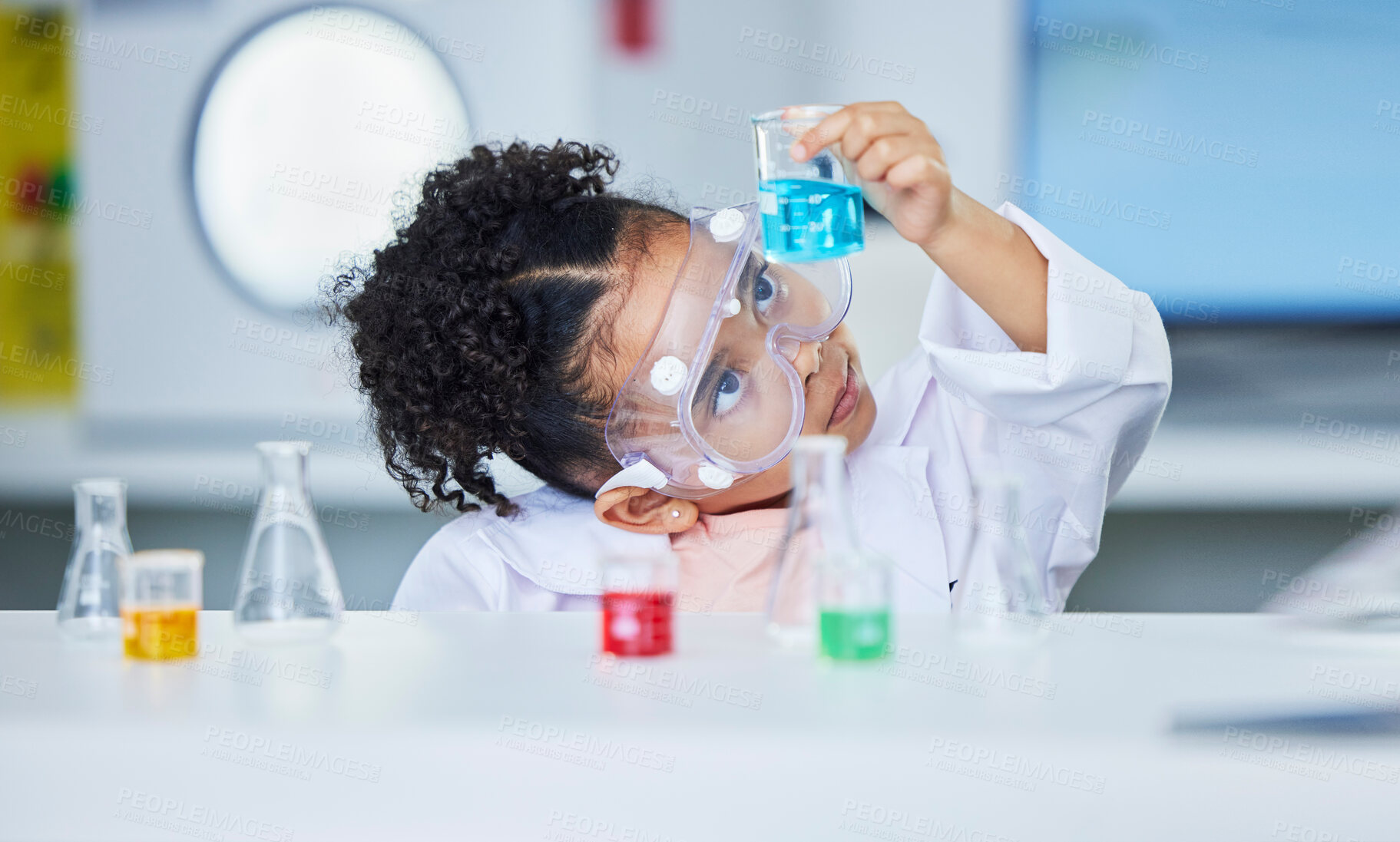 Buy stock photo Science, learning and research with child in laboratory for experiment, education and health. Future, study and knowledge with face of young girl and chemicals for results, medicine and analysis