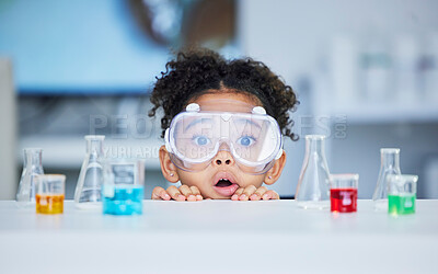 Buy stock photo Science, learning and portrait of child in laboratory for experiment, education and research. Future, study and knowledge with face of young girl and chemicals for results, medicine and analysis