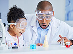 Happy, father and girl with chemistry experiment, education and learning with wow, excited and school. Family, male parent or child with science, project and medical research  with knowledge and omg