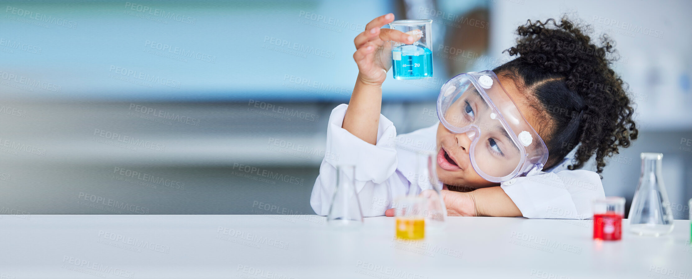 Buy stock photo Chemistry, science and a child with liquid for research, futuristic innovation or project for education. Surprise, physics and a girl or young scientist with a test to study water for learning