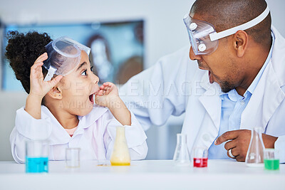 Buy stock photo Wow, father and girl with chemistry experiment, knowledge and learning with omg, excited and school. Family, male parent and child with science project, surprise and medical research with education