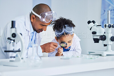 Buy stock photo Lab work, father and child with magnifying glass for learning, research and science study. Scientist, student and chemistry project with dad and young girl with medical and laboratory analysis