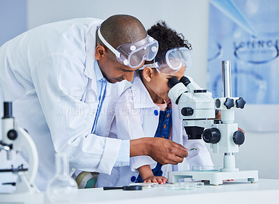 Buy stock photo Lab test, father and child with microscope for learning, research and science study. Scientist, student and chemistry project with a dad and young girl with medical education and laboratory analysis