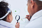 Plant study, father and child with magnifying glass for eco learning, research and science. Scientist, student and sprout growth  check project with a dad and young girl back with medical analysis