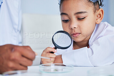 Buy stock photo Child, science and girl with a magnifying glass in laboratory learning, research or curious to study chemistry in education. Kid, scientist and check with a magnifier on experiment, test or analysis