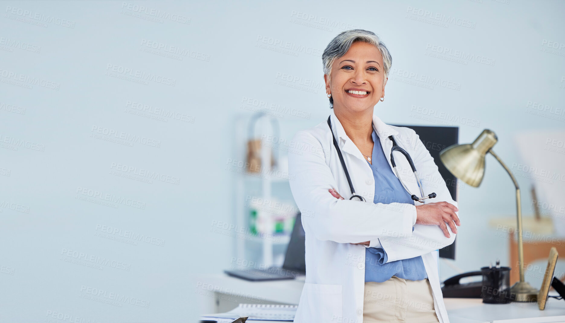 Buy stock photo Arms crossed, doctor and space with portrait of woman in hospital for consulting, medical and pharmacy. Healthcare, medicine and happy with mature person in clinic for wellness, therapist and mockup