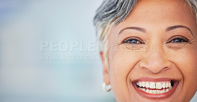 Buy stock photo Happy, banner and portrait of a mature woman with confidence, corporate career and professional. Smile, headshot and a manager, ceo or boss with mockup space for company information or about us